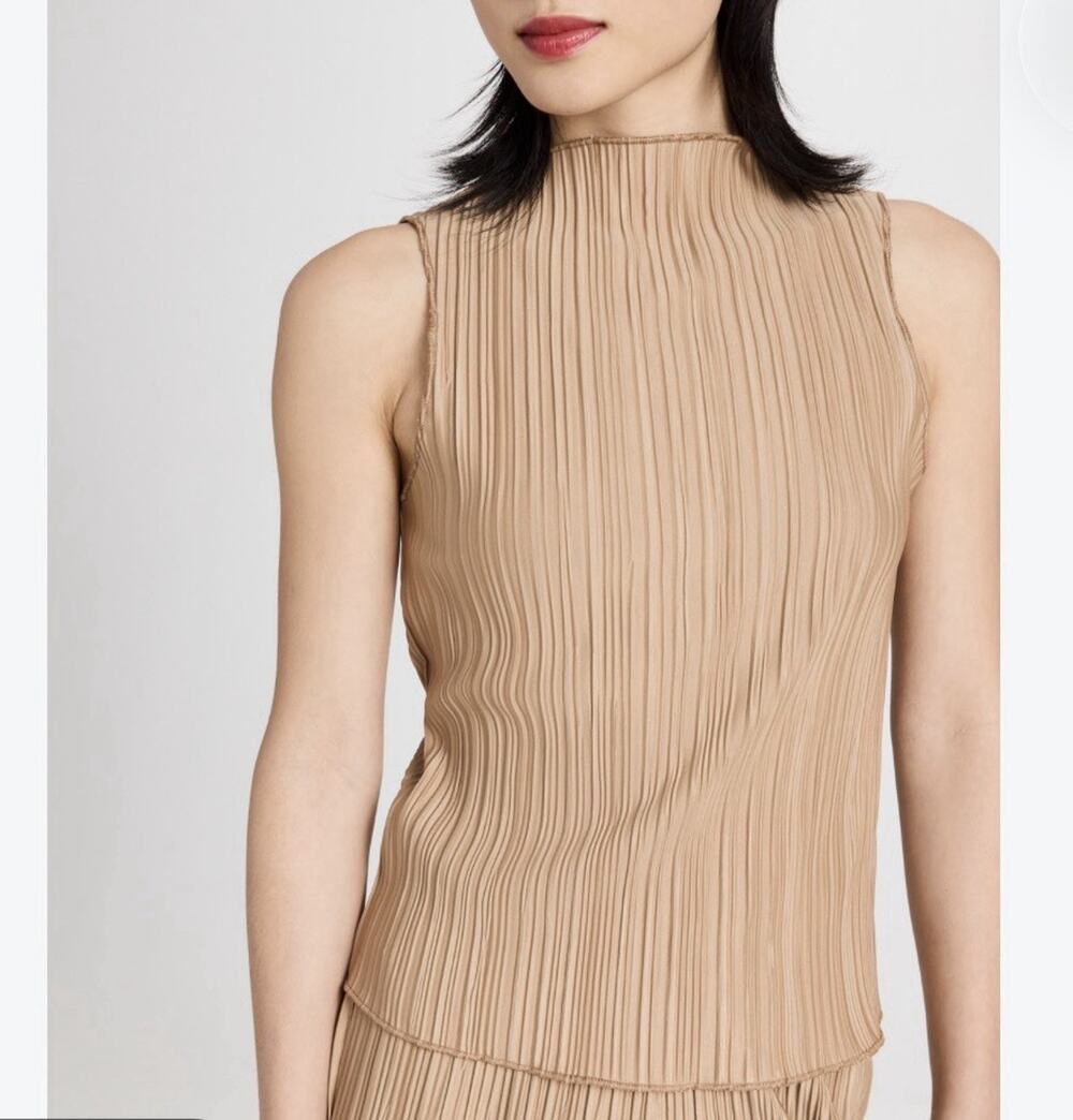 Anine Bing Rondi Pleated Top Womens S Brown Crepe Sleeveless Straight Mock Neck